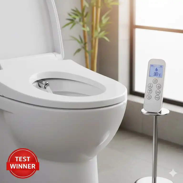 Detailansicht des Bidet Aufsatz mit Fernbedienung Test Siegers mit offener Düse.