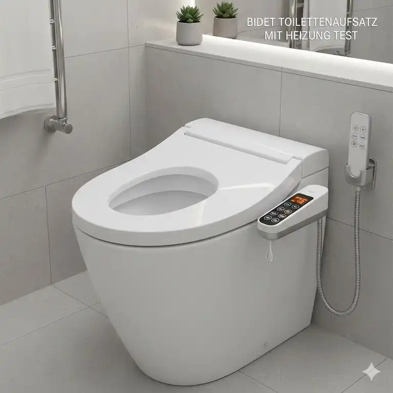 Detailansicht: Moderner bidet toilettenaufsatz mit heizung test mit Fernbedienung, der den Komfort der Sitzheizung zeigt.