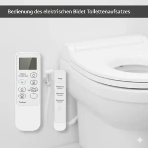 Bedienung des elektrischen Bidet Toilettenaufsatzes: Übersichtliche Fernbedienung und ein seitliches Kontrollpanel.