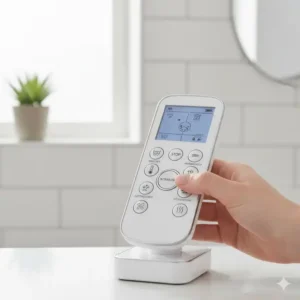 Nahaufnahme der Fernbedienung, die alle wichtigen Funktionen für den Bidet Aufsatz mit Fernbedienung Test steuert.