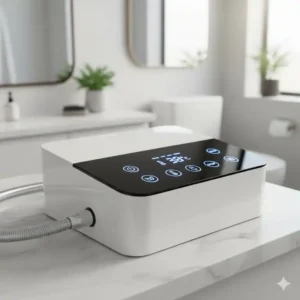 Grafische Darstellung der Warmwasser-Temperaturregelung bei einem Bidet-Toilettenaufsatz.