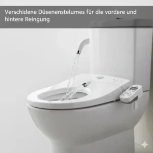 Verschiedene Düseneinstellungen und Wasserstrahlen für die vordere und hintere Reinigung beim Bidet-Aufsatz.