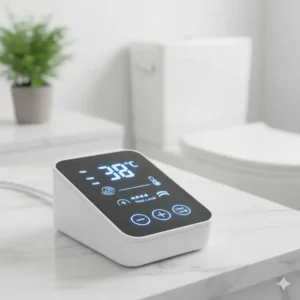 Installations-Schritte eines Bidet-Toilettenaufsatzes auf einer Standardtoilette, Fokus auf den Warmwasseranschluss.