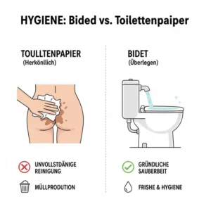 Bidet aufsatz testberichte deutsch: Grafische Erklärung zur verbesserten Hygiene und Sauberkeit im Vergleich zu Toilettenpapier.