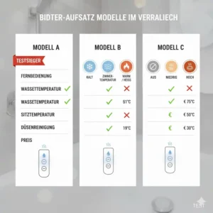 Visueller Vergleich verschiedener Bidet Aufsatz mit Fernbedienung Test Modelle in der Übersicht.