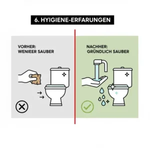 Vergleich der Hygiene-Erfahrungen: Gründliche Reinigung durch den Bidet Aufsatz ohne Strom gegenüber traditioneller Methoden.
