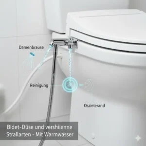Nahaufnahme der Bidet-Düse und der verschiedenen Strahlarten (Oszillierend, Damenbrause) mit Warmwasser.