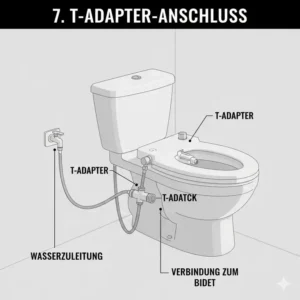 Detailansicht des T-Adapters und des Wasseranschlusses für die Installation des Bidet Aufsatz ohne Strom.