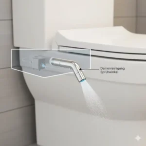 Bidet Toilettenaufsatz Damenreinigung Vergleich: Nahansicht der spezifischen Bidet-Düse, die in einer sanfteren Position für die Damenreinigung ausfährt.