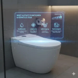 Infografik zum Thema bidet toilettenaufsatz im vergleich 2026 zeigt die wichtigsten Funktionen wie Ladydusche und Selbstreinigung.