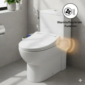 Nahaufnahme der Warmluftfunktion von einem bidet toilettenaufsatz mit lufttrockner.