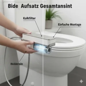 Installierter Bidet Aufsatz auf einer Toilette, der für den Kalkfilter Test bereit ist.