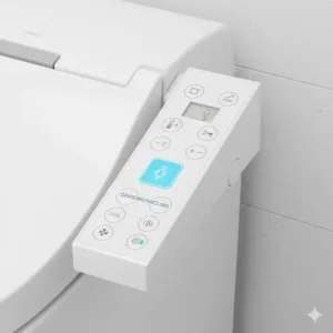 Bidet Toilettenaufsatz Damenreinigung Vergleich: Detail des Bedienelements, auf dem die Taste für die Damenreinigungsfunktion hervorgehoben ist.