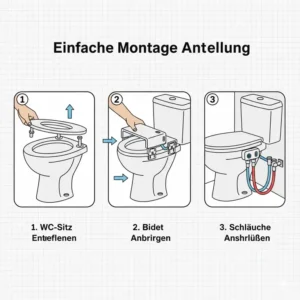 Bebilderte Anleitung zur einfachen Montage des Bidet Aufsatz mit zwei Düsen Test auf der Toilette.