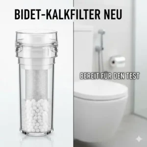 Nahaufnahme eines neuen, unbenutzten Kalkfilters für den Bidet Aufsatz, bereit für den Test.