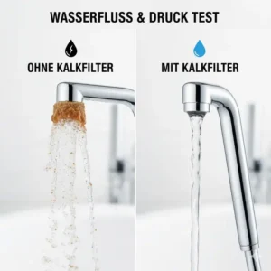 Visualisierung des konstanten Wasserflusses im Bidet Aufsatz Kalkfilter Test.