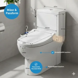 Technische Zeichnung und Abmessungen für den bidet toilettenaufsatz mit lufttrockner.