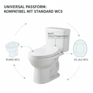 Technische Zeichnung für einen bidet toilettenaufsatz kompatibel mit standard wc mit runder und ovaler Passform.
