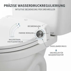Nahaufnahme der Druckregulierung am bidet toilettenaufsatz kompatibel mit standard wc per Drehregler.