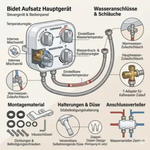 Übersicht der Einzelteile für eine Bidet Aufsatz mit Warmwasser Anschluss Erklärung inklusive Mischbatterie und Schläuchen.