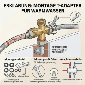 Erklärung des T-Adapter Anschlusses am Eckventil für die Warmwasser-Zufuhr als Teil der Bidet Aufsatz mit Warmwasser Anschluss Erklärung.