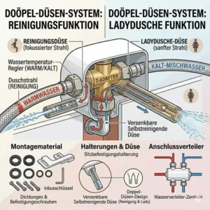 Illustration der Reinigungsdüsen als Teil einer detaillierten Bidet Aufsatz mit Warmwasser Anschluss Erklärung mit separater Einstellung.