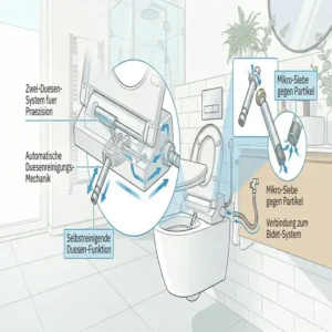 Funktionsweise der selbstreinigenden Düsen am bidet aufsatz für wandhängendes wc.