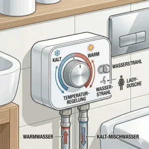 Detailansicht der Bedienelemente für die Bidet Aufsatz mit Warmwasser Anschluss Erklärung zur stufenlosen Temperaturregelung.