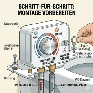 Schritt-für-Schritt Erklärung zur Montage des Bidet Aufsatzes mit Warmwasser Anschluss unter der vorhandenen WC-Brille.