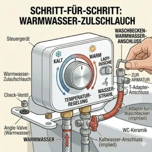 Darstellung der Verbindung vom Waschbecken zur Bidet Aufsatz mit Warmwasser Anschluss Erklärung mittels flexibler Schläuche.