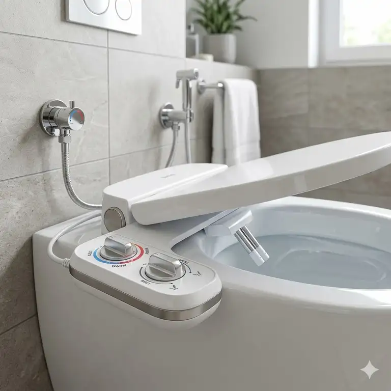 Ein moderner bidet toilettenaufsatz kaltes und warmes wasser auf einer weißen Toilette montiert
