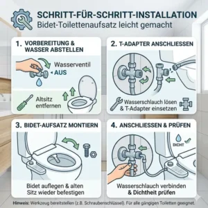 Schritt-für-Schritt-Grafik zur einfachen Montage des Bidet-Toilettenaufsatzes auf einer Standard-Toilette.