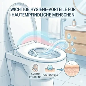 Infografik über die hygienischen Vorteile von Bidet-Toilettenaufsätzen für Menschen mit Hautproblemen.