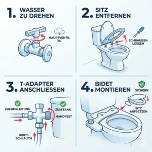 Infografik zur einfachen 4-schritte diy-montage von einem bidet toilettenaufsatz hautschonend empfehlung ohne klempner
