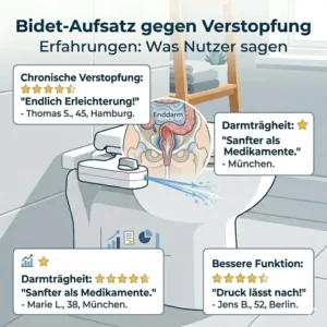 Illustration von zufriedenen Kunden mit Bidet Aufsatz gegen Verstopfung Erfahrungen.