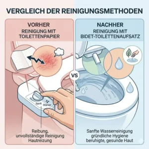 Vergleich der Reinigungsmethoden: Toilettenpapier versus Bidet-Toilettenaufsatz für empfindliche Haut.