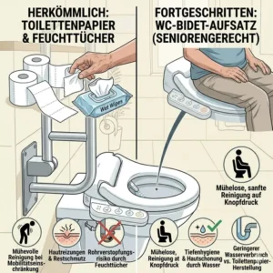 Vergleich der Sauberkeit zwischen Toilettenpapier und der Nutzung von einem bidet aufsatz für ältere menschen.
