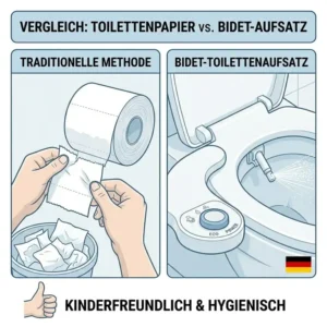 Vergleich zwischen herkömmlichem Toilettenpapier und einem bidet toilettenaufsatz kinderfreundlich.