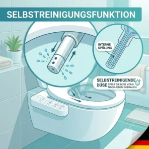 Nahaufnahme der Selbstreinigungsfunktion beim bidet aufsatz mit selbstreinigender düse für maximale Hygiene.