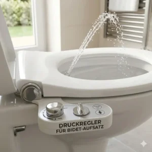 Illustration showing the components and accessories of the bidet aufsatz mit einstellbarem wasserdruck in the packaging.