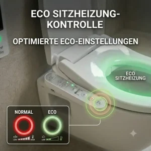 Nahaufnahme der Steuerung für den beheizbaren Sitz bei einem bidet toilettenaufsatz mit energiesparmodus im Eco-Betrieb.