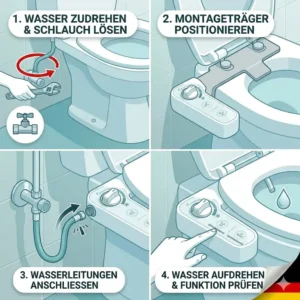 Eine einfache Montageanleitung zeigt die Installation vom bidet aufsatz mit selbstreinigender düse ohne Werkzeug.