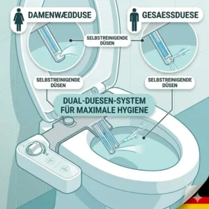 Das Dual-Düsen-System für die Intimpflege integriert im bidet aufsatz mit selbstreinigender düse.
