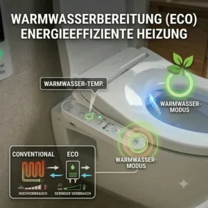 Darstellung der energieeffizienten Warmwasseraufbereitung für einen bidet toilettenaufsatz mit energiesparmodus.