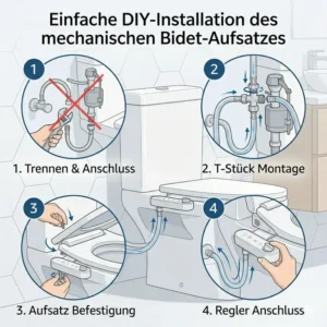 Step-by-step diagram illustrating the simple installation of the bidet aufsatz mit einstellbarem wasserdruck.
