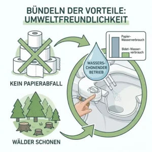 Infografik zum Umweltschutz durch einen bidet toilettenaufsatz mit wasserdruckregler.