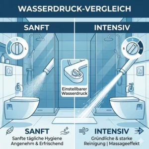 Comparison graphic displaying the different water pressure levels of the bidet aufsatz mit einstellbarem wasserdruck.