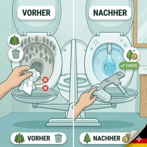 Vorher-Nachher-Vergleich der Sauberkeit bei Verwendung eines bidet aufsatz mit selbstreinigender düse.
