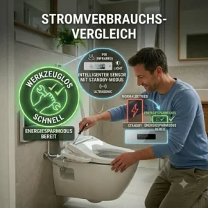 Diagramm zum Vergleich des Stromverbrauchs im Normalbetrieb und mit einem bidet toilettenaufsatz mit energiesparmodus.