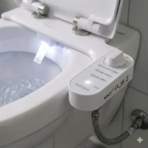 A technical specification drawing showing dimensions of the bidet toilettenaufsatz mit nachtlicht.